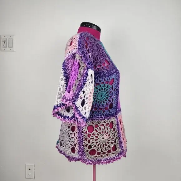 New Handmade Boho Crochet Granny Square Top - Vibrant Patchwork Festival Blouse - Picture 5 of 16